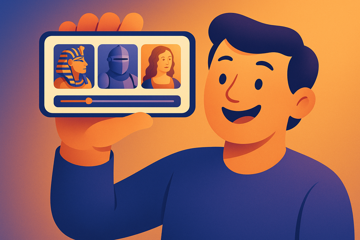 Illustrated character smiling and holding up a smartphone showing a video timeline with a pharaoh, a knight, and a Renaissance painting as scene thumbnails, representing AI-generated history video content