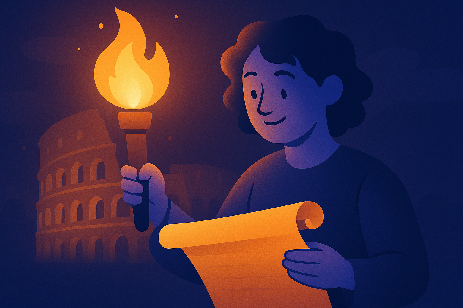 Illustrated character reading an ancient scroll by torchlight, with the faint silhouette of a Roman colosseum glowing behind them, representing a forgotten history story coming to life