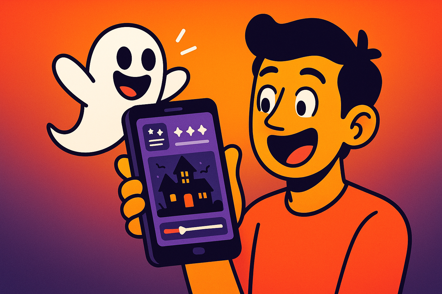 Illustrated character holding a smartphone with a small cartoon ghost popping out of the screen, representing AI-generated horror video content