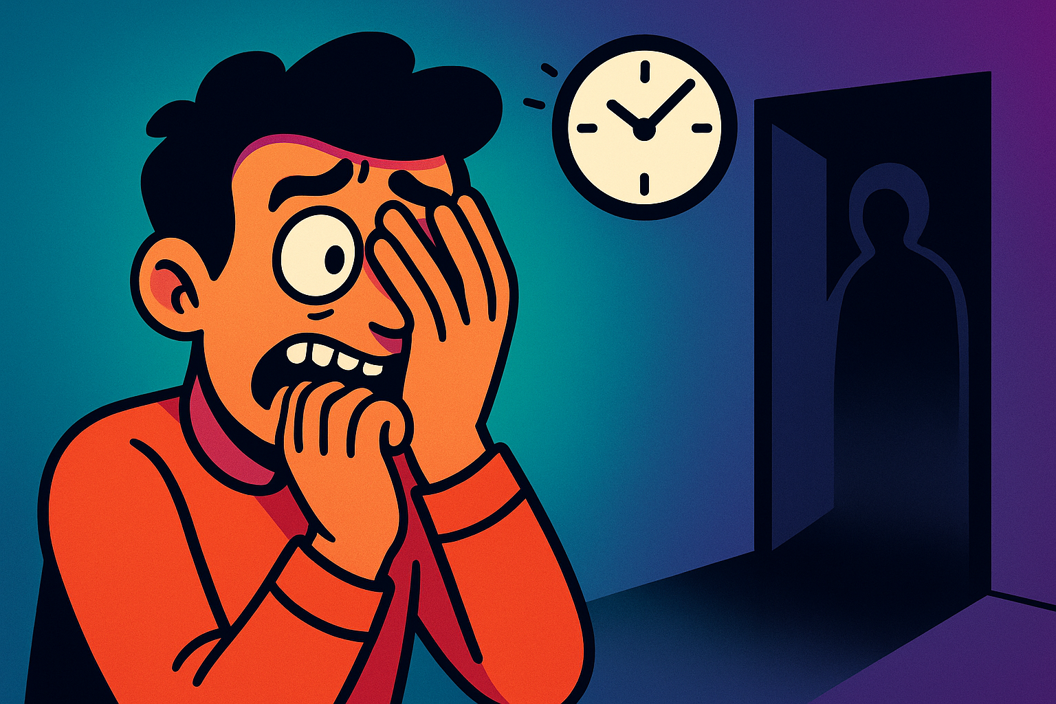 Illustrated character biting their nails while peeking at a dark doorway, with a clock floating nearby to represent mounting suspense