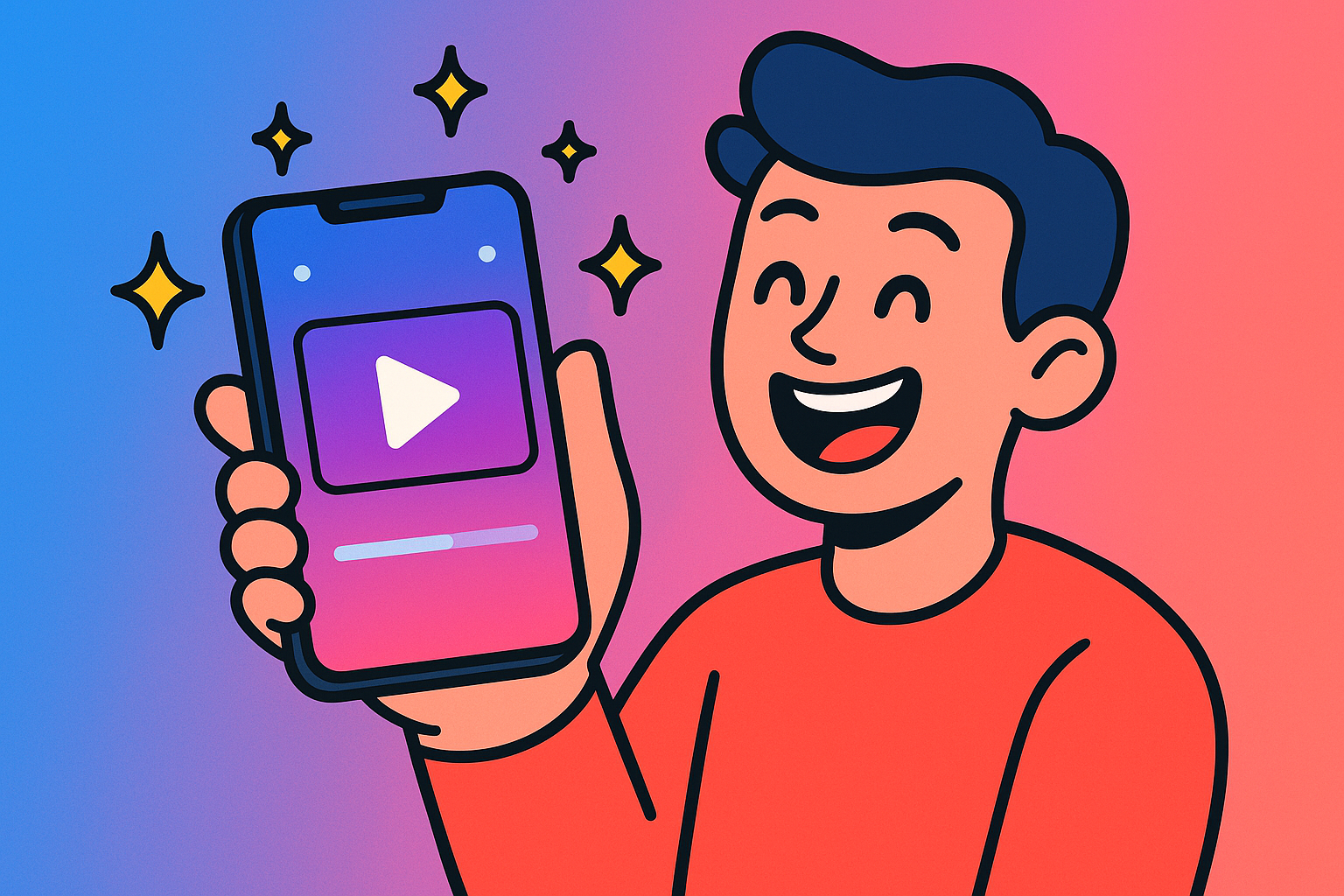 Illustrated character holding a smartphone with a video generation screen, representing AI-generated short-form content