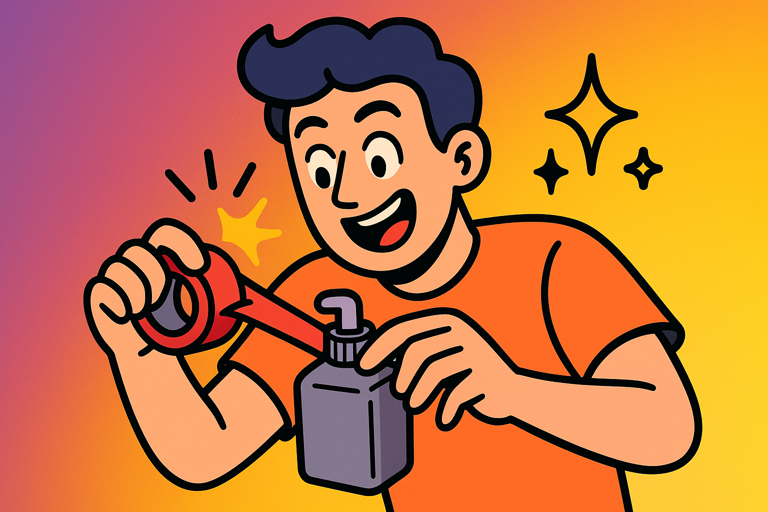 Illustrated character mid-action cleverly fixing a small everyday problem, small sparkle icons around their hands showing the aha moment