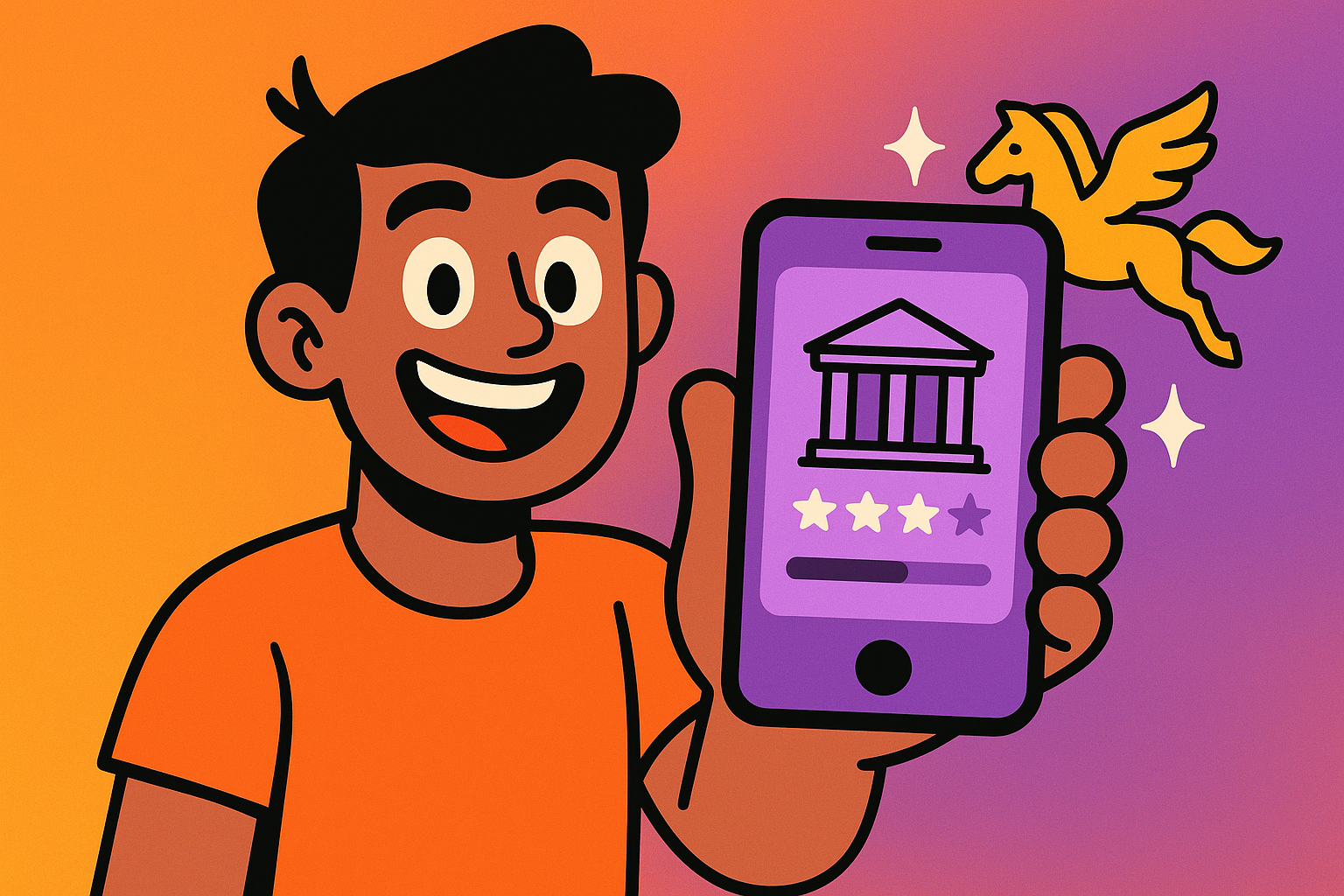 Illustrated character smiling and holding up a smartphone showing a Greek temple app interface, with a small golden winged Pegasus floating beside them, representing AI-generated mythology video content