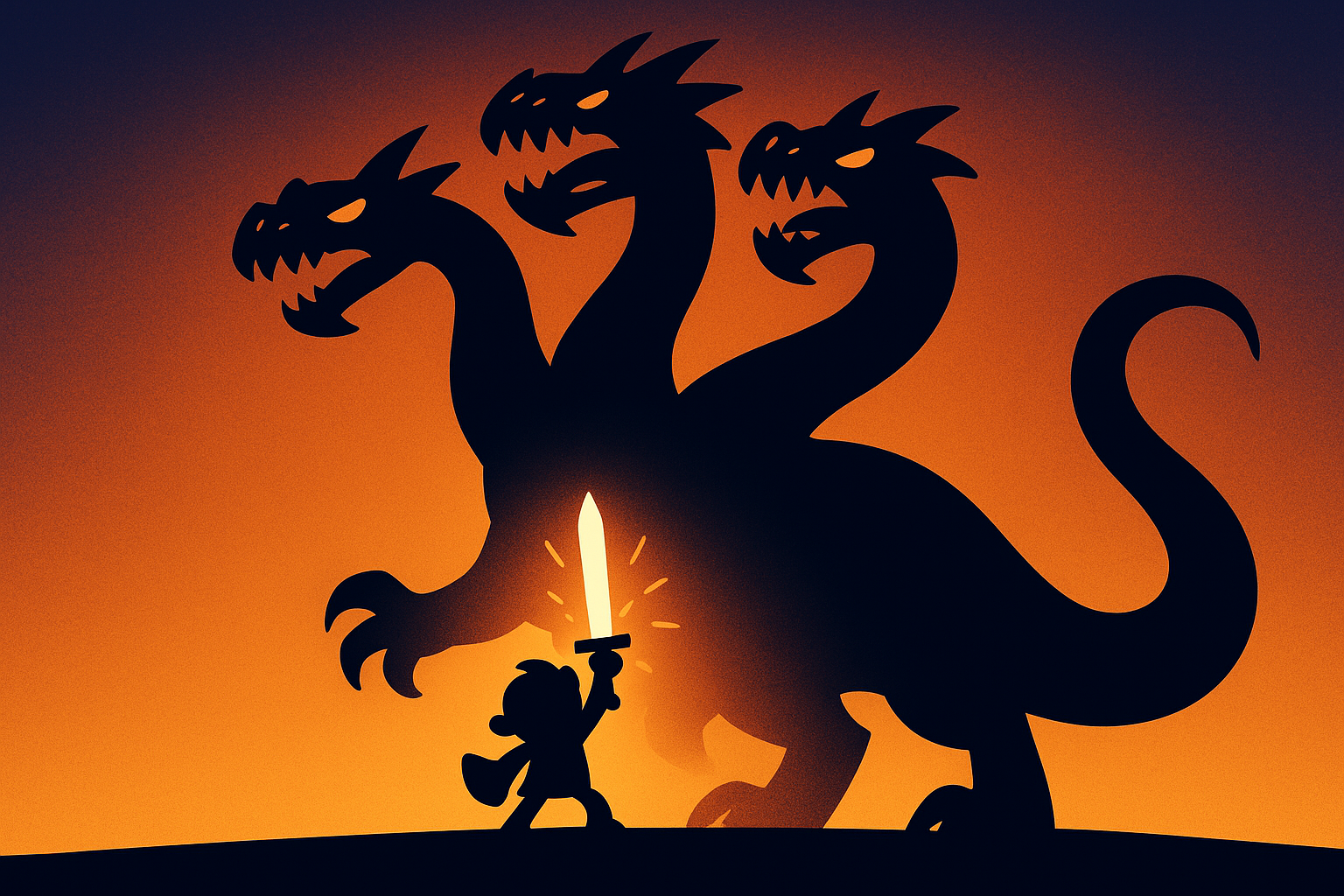 Illustrated character silhouette bravely raising a glowing sword against the giant shadow of a multi-headed dragon-like monster, representing the central trial of a myth story