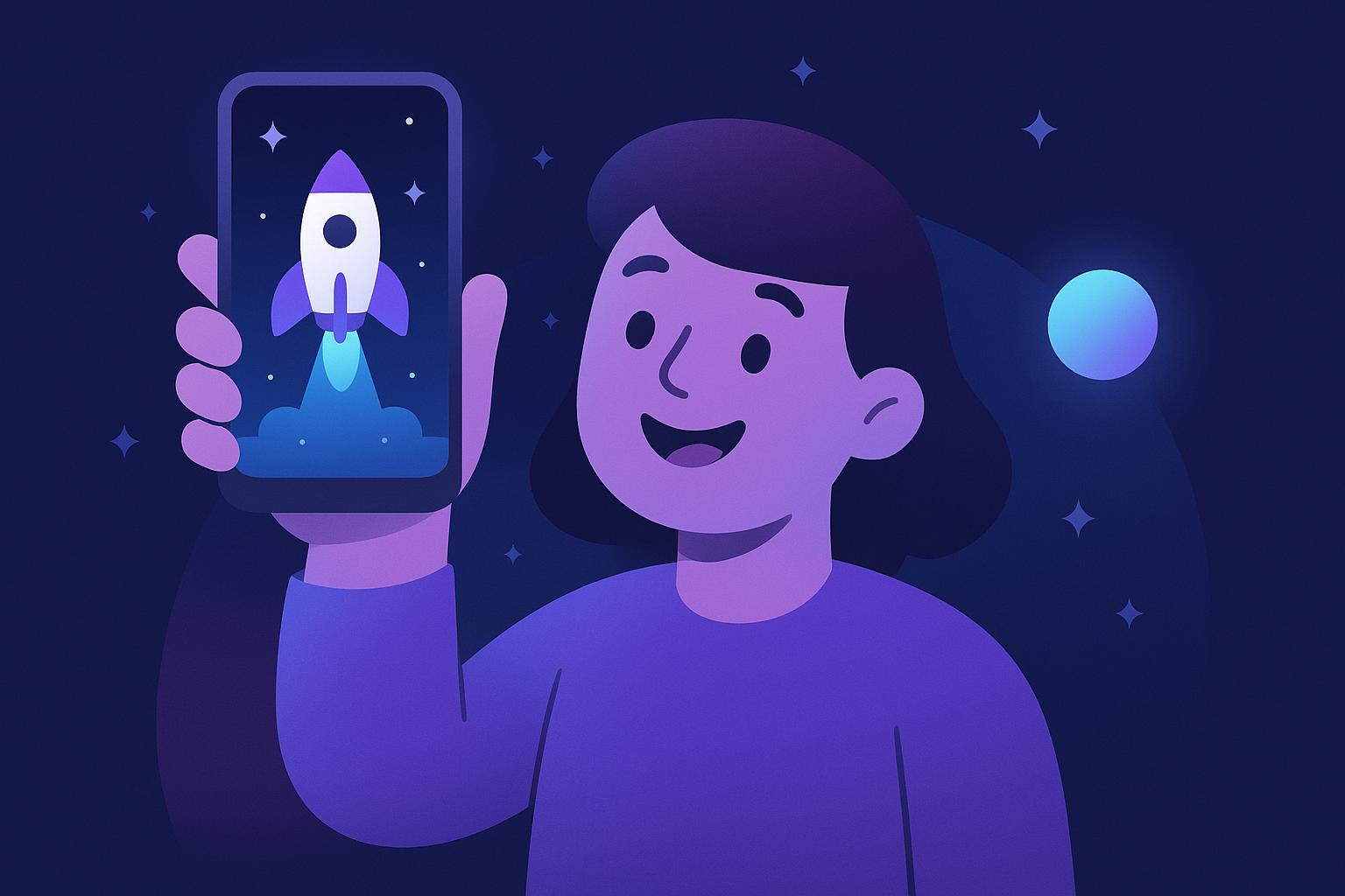 Illustrated character smiling and holding up a smartphone showing a rocket ship and starfield app interface, with a small glowing orb floating beside them, representing AI-generated space mystery video content