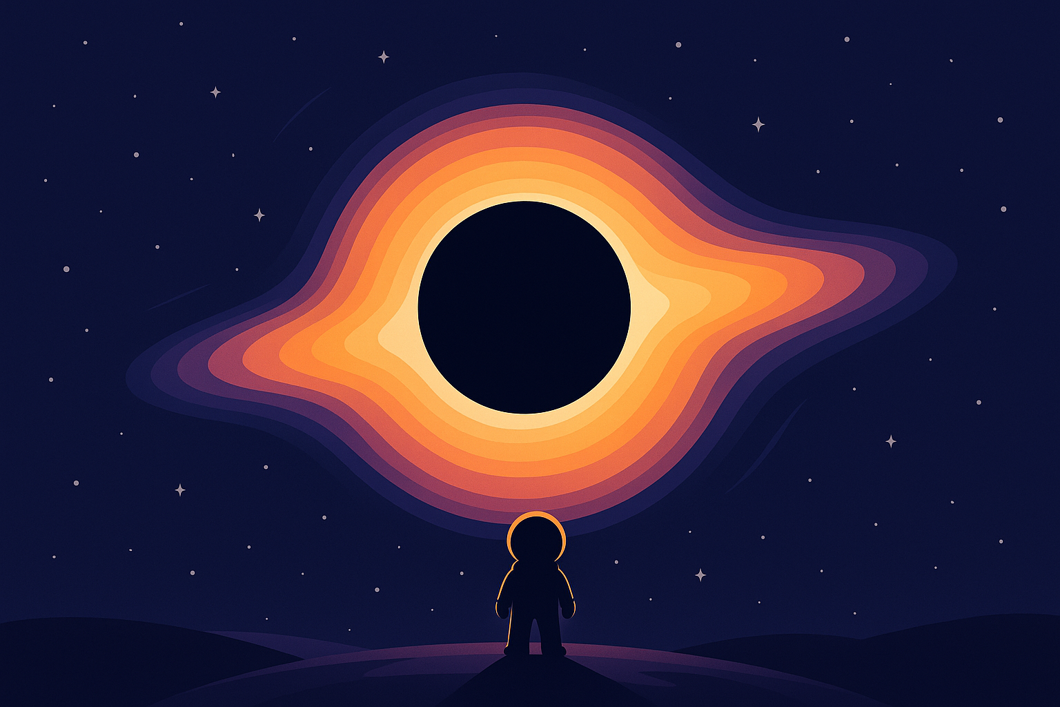 Illustrated tiny astronaut silhouette staring in awe at a massive glowing black hole bending light around it, with a swirling orange and violet accretion disk, representing the scale of a cosmic mystery