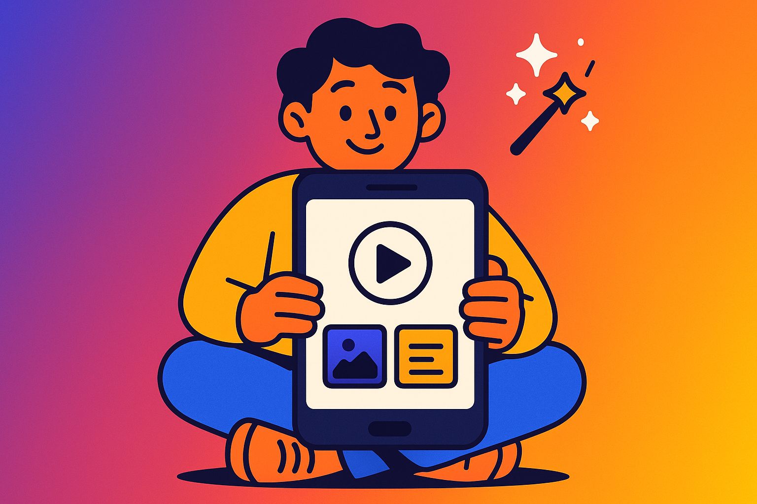 Illustrated character holding a smartphone with a video generation screen, representing AI-generated short-form content
